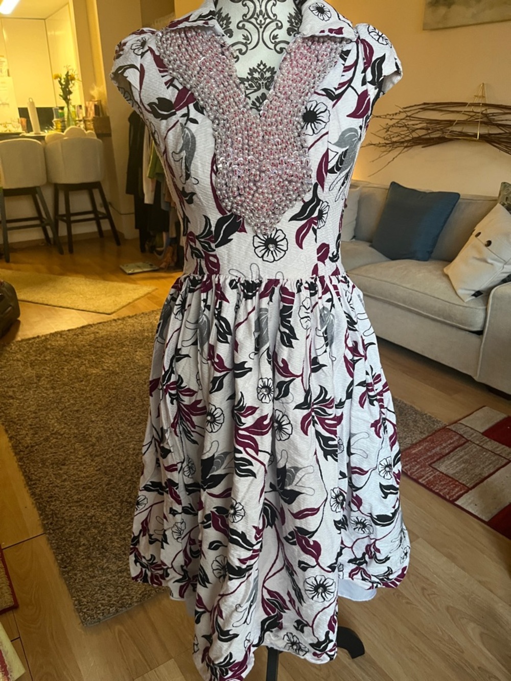 Floral Fit-and-Flare Dress in White with Burgundy and Black